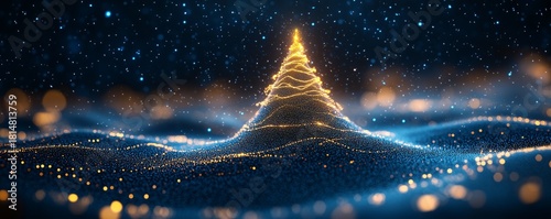Bright Glowing Christmas Tree With Sparkles on a Dark Background During Winte...