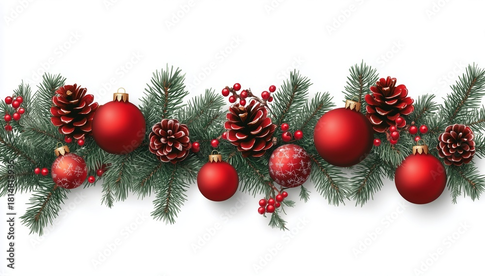 Fototapeta premium Decorative Christmas Garland With Red Ornaments and Pine Cones on White Background