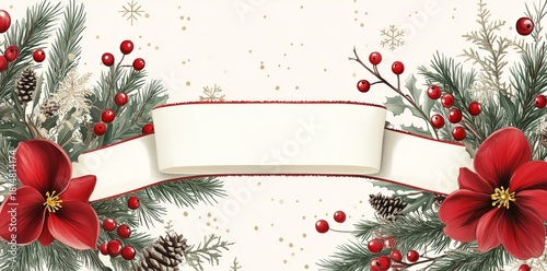 Festive Floral Arrangement With Red and White Flowers and Holiday Decorations...