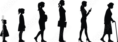 Silhouettes of women at different life stages from childhood to old age woman female