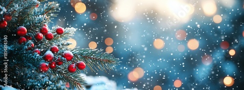Winter Scene With Pine Branches and Red Ornaments in the Snow Among Soft Boke...