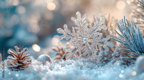 Snowflake Resting on Frosted Pine Branches in a Winter Landscape With Soft Fo...
