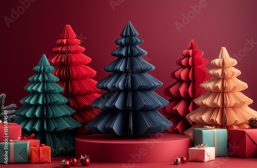 Festive Paper Trees and Colorful Gifts Displayed on a Red Backdrop During the...