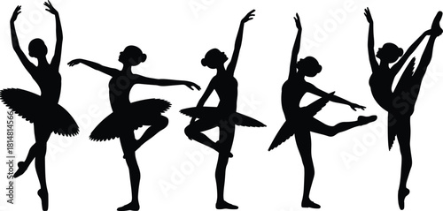 Five black silhouette ballet dancers in various poses on white background vector