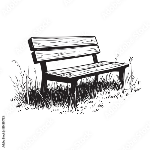 wooden park bench with grass and flowers silhouette