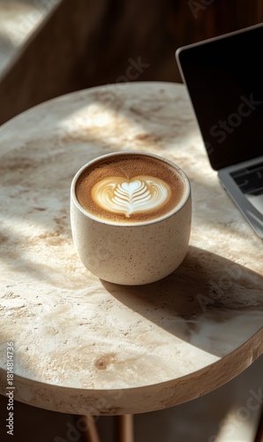 Warm Latte Art Resting on a Marble Table With Laptop, Showcasing Cozy Cafe Am...