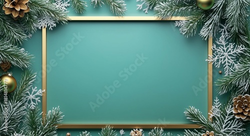 Festive Holiday Scene With Golden Gifts and Decorative Elements on Green Back...
