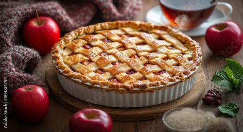Freshly Baked Apple Pie on a Wooden Table With Red Apples and a Cup of Tea in...