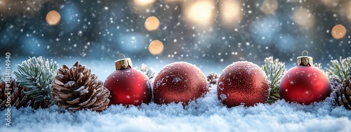 Festive Red Ornaments and Pine Cones on a Snowy Landscape During Winter Season