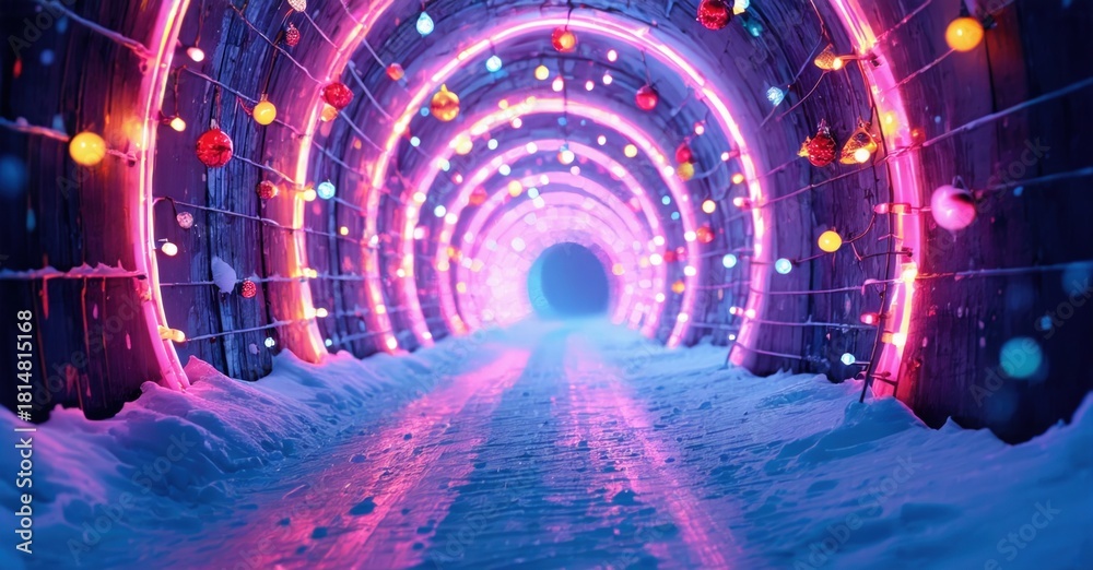 Fototapeta premium Bright tunnel decorated with colorful lights, ornaments. Snowy path leads toward distant glow. Festive, magical winter scene.