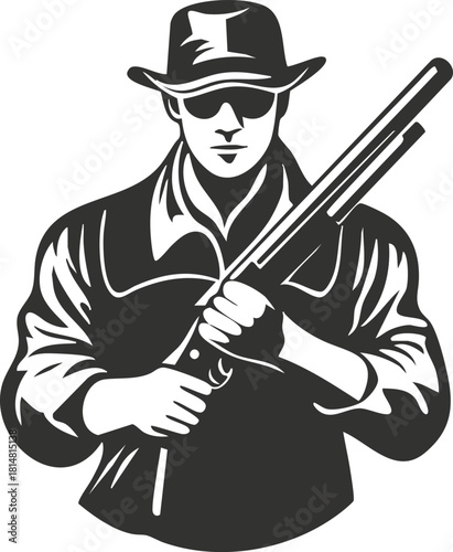 Stylized black and white vector illustration of a man holding a shotgun, suitable for hunting and outdoor-themed designs