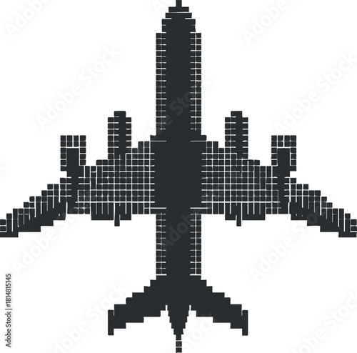 Geometric black and white vector illustration of an airplane silhouette for travel and aviation design projects