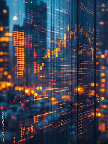 City Skyline Reflecting Digital Stock Market Trends at Night