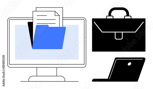 Computer displaying a blue folder with documents, accompanied by a briefcase and laptop. Ideal for business, organization, technology, digital storage, workplace efficiency, office administration