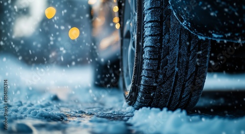 Winter Snow Covering Car Tires With Golden Sunlight Shining Through Trees in ...