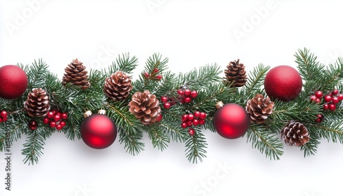 Festive Holiday Decoration With Red Ornaments, Pinecones, and Evergreen Branc...