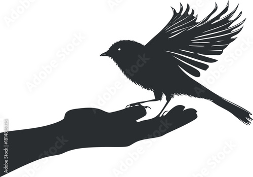 Silhouette vector illustration of a bird taking flight from an outstretched hand, symbolizing freedom and care.