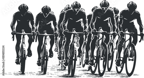 Dynamic black and white vector illustration of a cycling team racing together, perfect for sports branding and fitness projects
