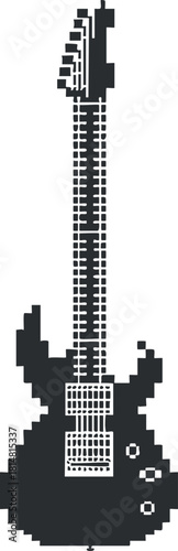 Pixel art vector illustration of a black electric guitar, perfect for music-themed design and creative projects
