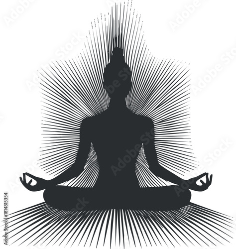 Silhouette vector illustration of a meditating figure with radiating lines, perfect for wellness and mindfulness themes.
