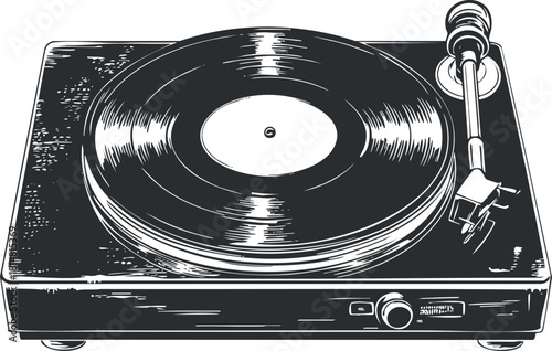 Vintage black and white vector illustration of a turntable with vinyl record, ideal for music-related designs and branding.