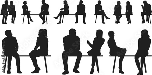 Silhouettes of diverse people sitting on benches in various poses and interactions vector