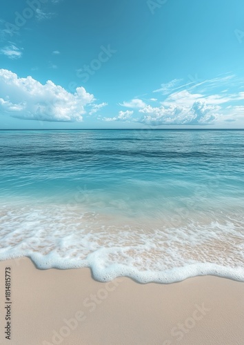 Calm Ocean Waves Gently Lap at a Sandy Beach Under a Bright Blue Sky