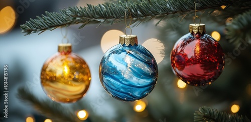 Colorful Ornaments Hanging on a Christmas Tree With Glowing Lights