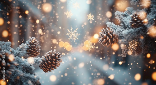 Snowflakes Gently Fall on Pinecones During a Peaceful Winter Scene in a Quiet...