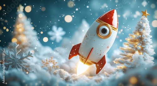 Rocket Launching Through Winter Wonderland With Snow and Festive Decorations