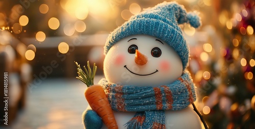Cheerful Snowman Holds Carrot and Smiles Amidst Festive Decorations in Winter...