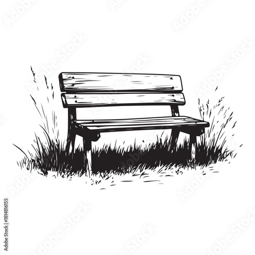 wooden park bench with grass and flowers silhouette