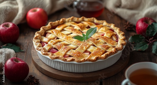Freshly Baked Apple Pie on a Wooden Table With Red Apples and a Cup of Tea in...