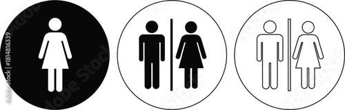 Black and white restroom icons for men and women in circles toilet sign men's room