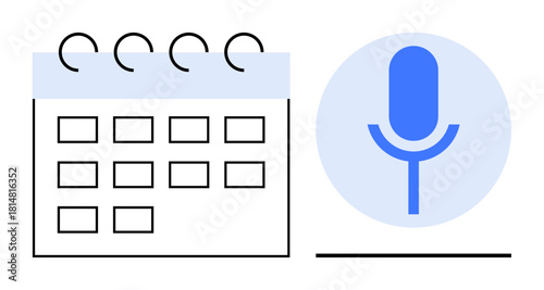Calendar with grid layout and microphone icon representing scheduling, recording, and multitasking. Ideal for planning, communication, productivity, time management, meeting organization, podcasting