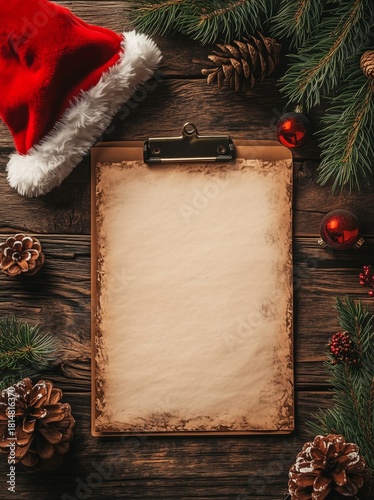 Festive Holiday Scene With Blank Clipboard, Pine Cones, and Christmas Decorat...