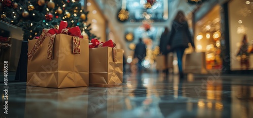 Holiday Shopping Scene With Festive Decorations and Wrapped Gifts in a Mall