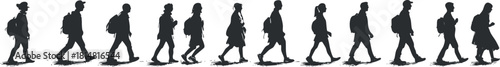 Silhouette vector icon set showing diverse individuals walking, ideal for urban lifestyle and travel design projects