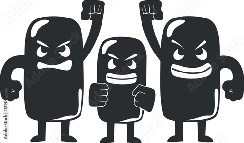 Playful vector illustration of three cartoon characters expressing various emotions, ideal for graphic design and branding projects