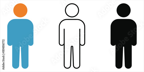 Three simplified human figures one orange and blue one outline one black person icon silhouette