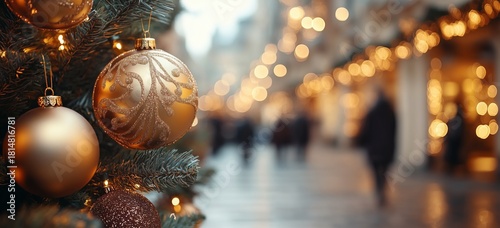 Holiday Decorations Shine in a Busy Shopping Center During the Festive Season