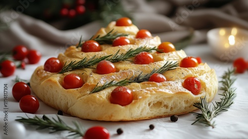 Freshly Baked Focaccia Garnished With Cherry Tomatoes and Rosemary on a White...