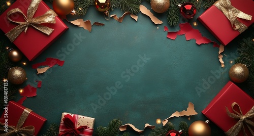 Festive Holiday Gifts Arranged With Decorations and Greenery on a Dark Green ...