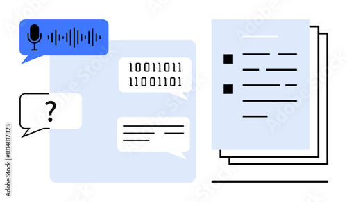 Speech-to-text bubble, digital binary code, dialogue boxes, and document icons. Ideal for communication, technology, AI, data analysis, transcripts collaboration simple flat metaphor