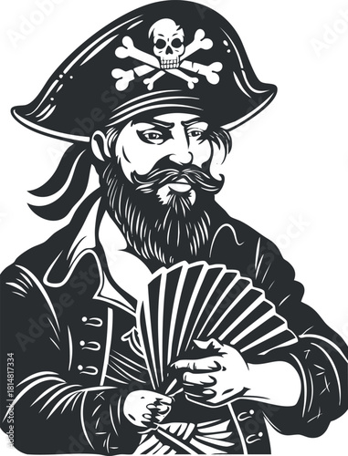 Detailed black and white vector illustration of a pirate character holding playing cards, perfect for adventure-themed designs.