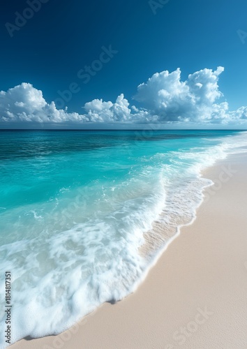 Calm Ocean Waves Gently Lap the Sandy Beach Under a Clear Blue Sky With Fluff...