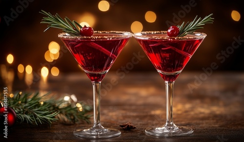 Festive Red Cocktail Served in Clear Glass With Ice and Garnish During a Holi...