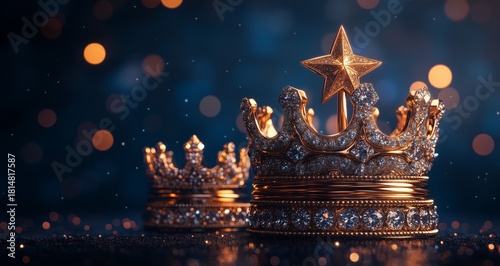 Elegant Golden Crowns With Sparkling Gems and Stars on a Dark, Illuminated Ba...