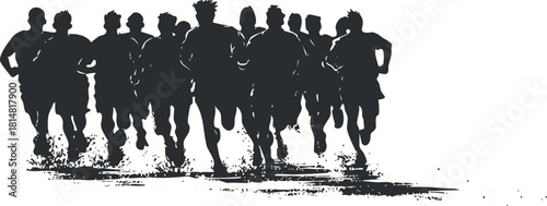 Dynamic silhouette vector illustration of a group of runners in motion, ideal for sports and fitness branding.