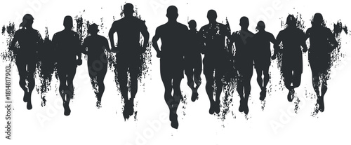 Dynamic silhouette vector illustration of runners in motion, ideal for fitness and sports branding or promotional materials